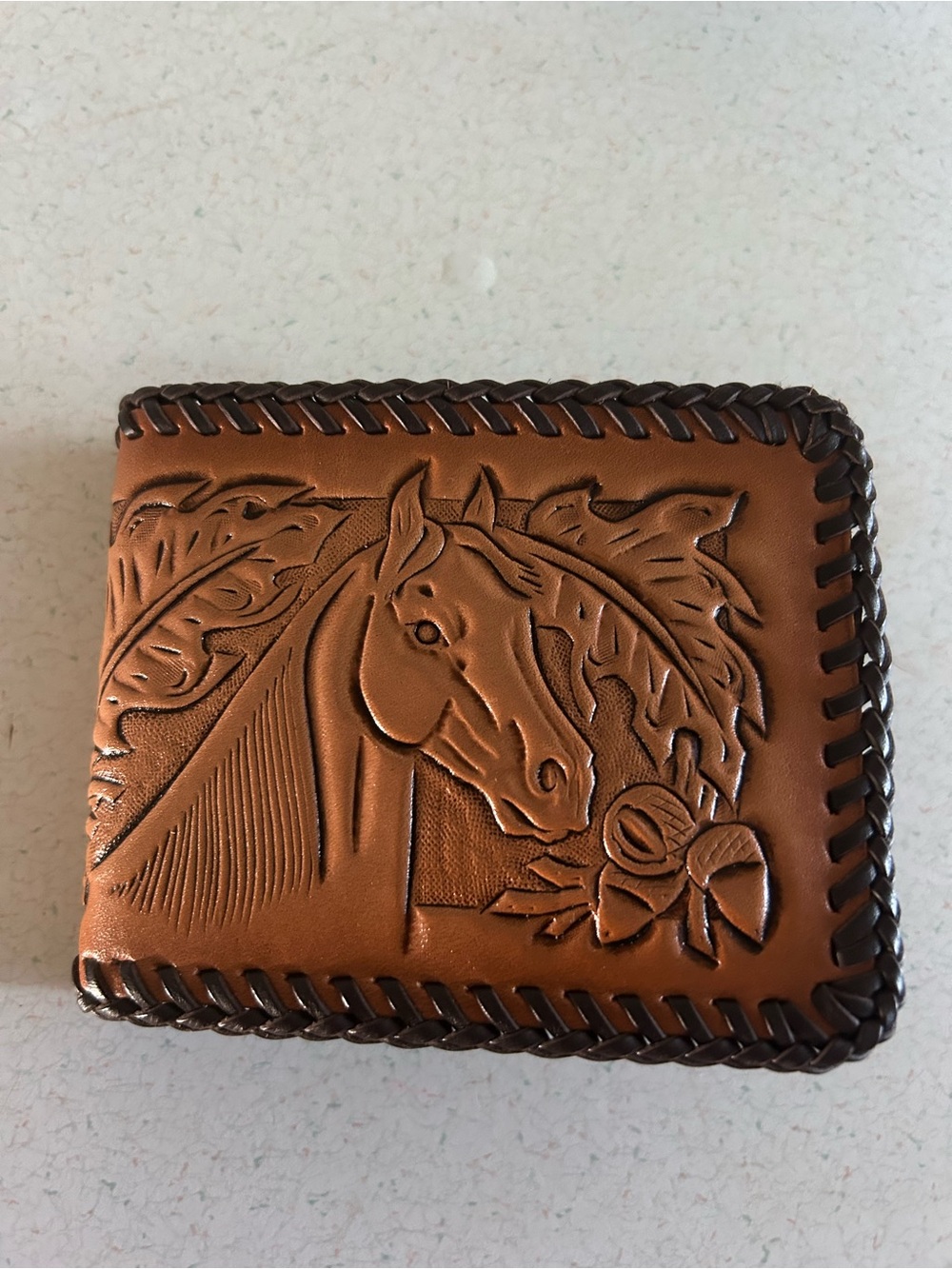 Hand-Tooled Brown Leather Horse Bi-Fold Wallet